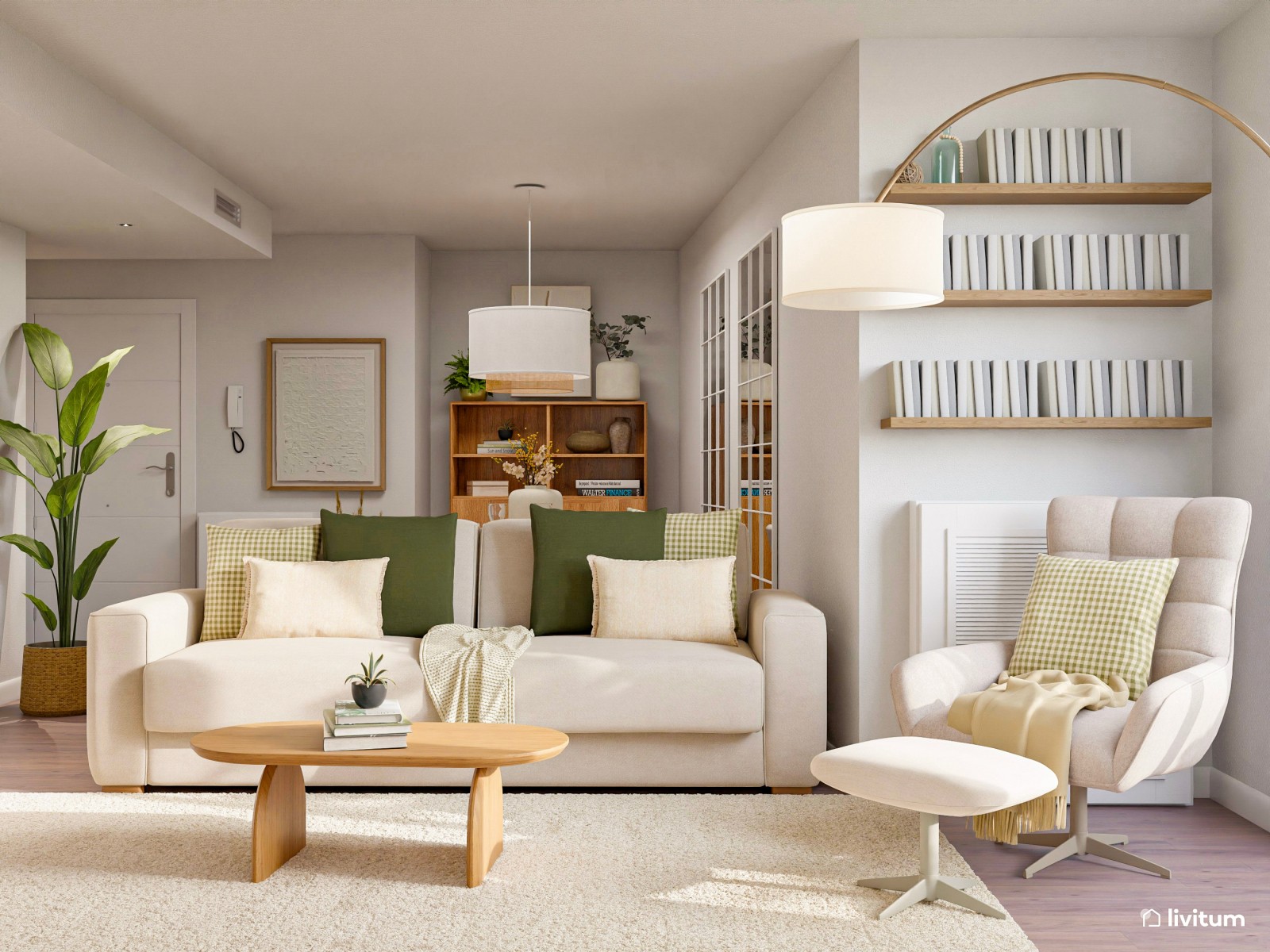 Salón comedor de estilo nórdico con planta irregular y rincón de lectura