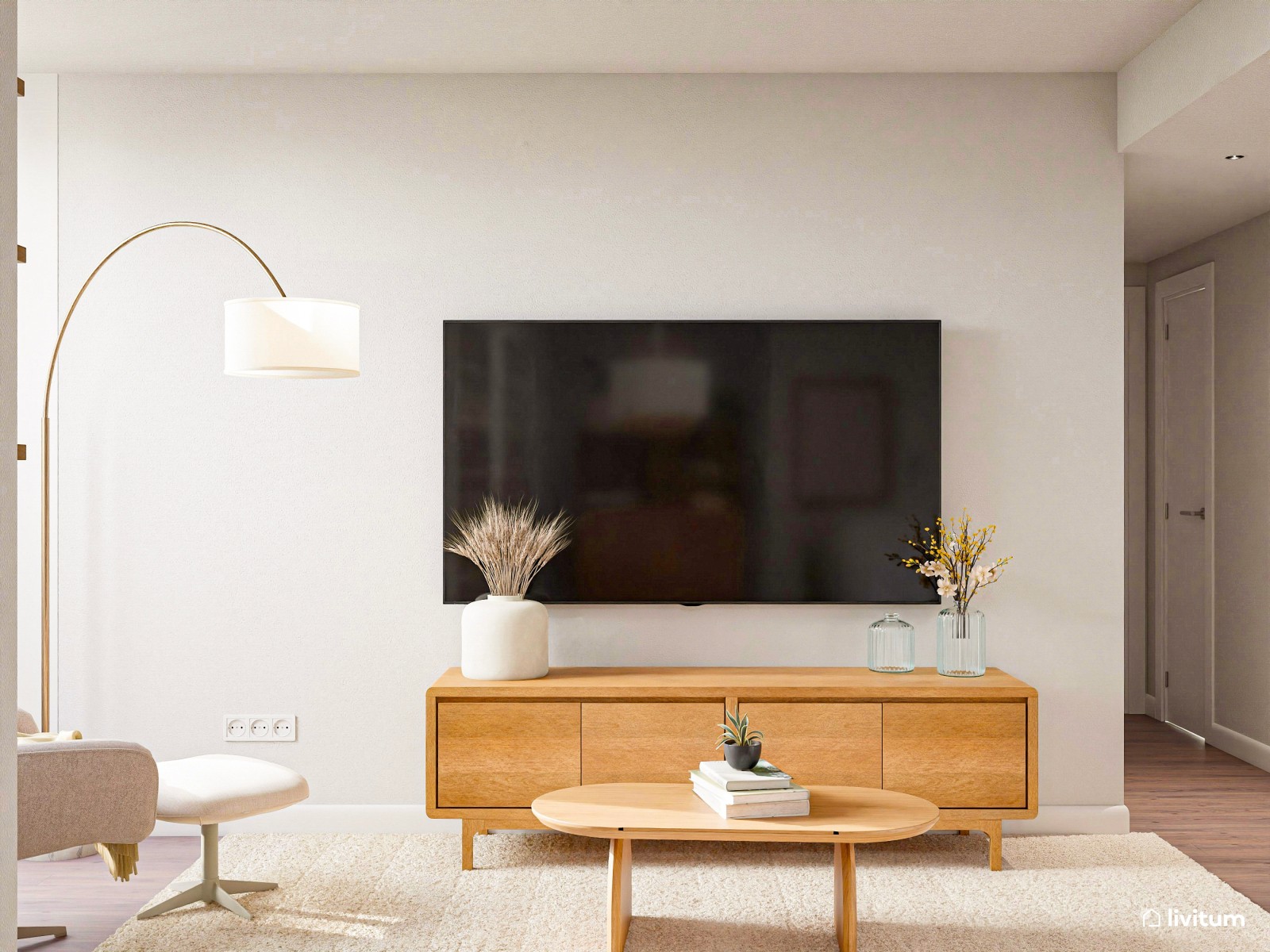 Salón comedor de estilo nórdico con planta irregular y rincón de lectura