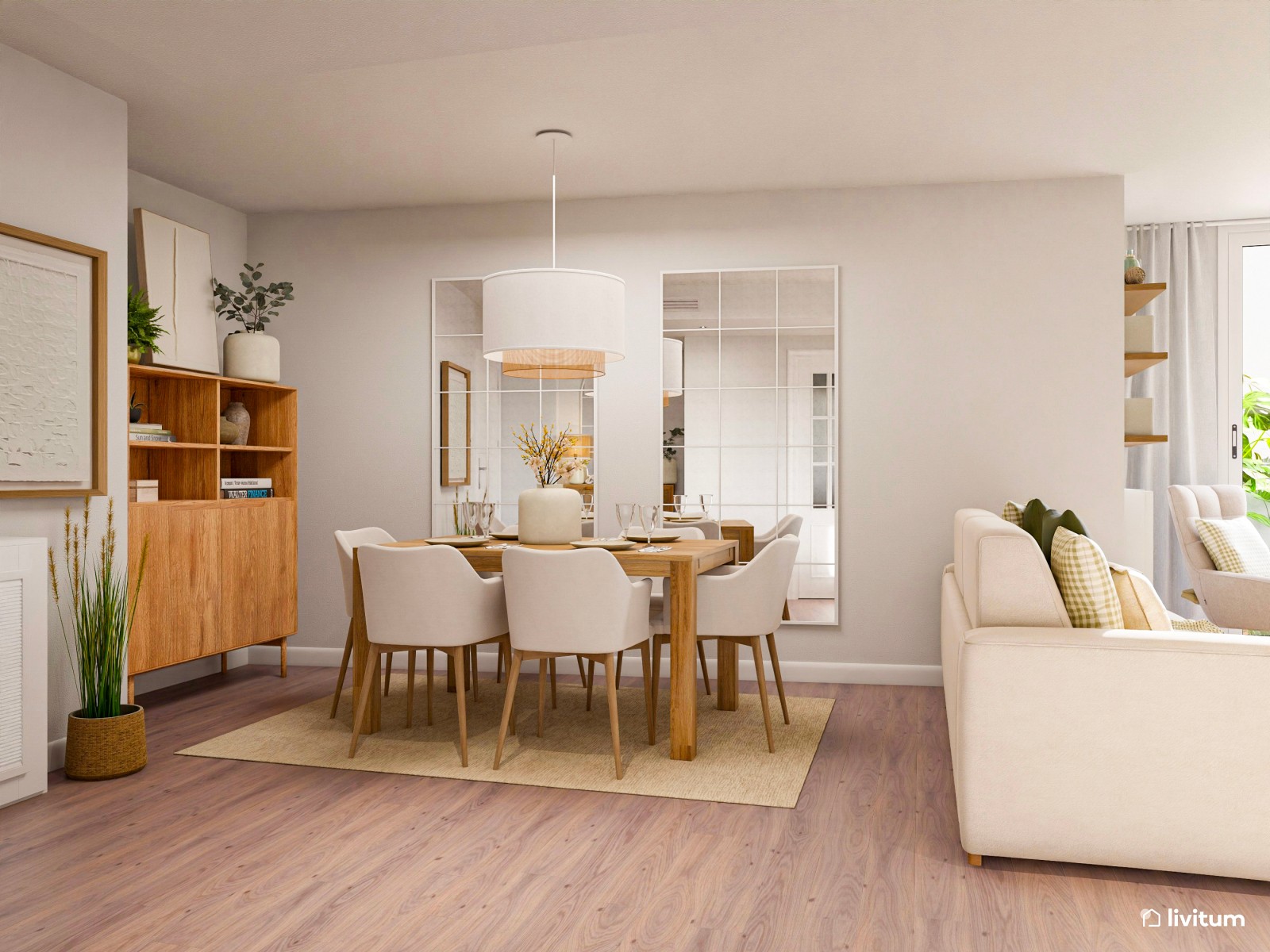 Salón comedor de estilo nórdico con planta irregular y rincón de lectura
