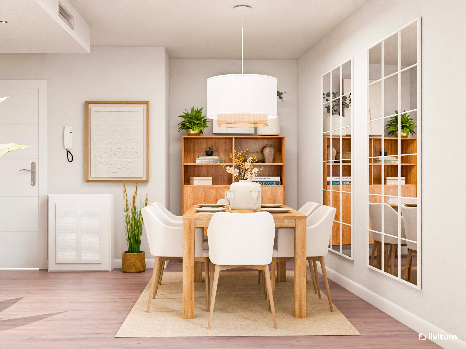 Salón comedor de estilo nórdico con planta irregular y rincón de lectura