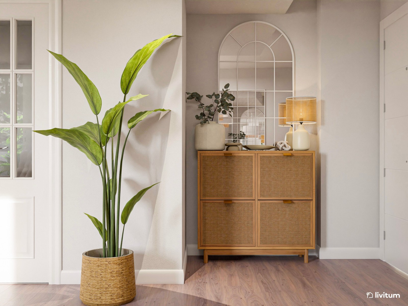 Salón comedor de estilo nórdico con planta irregular y rincón de lectura