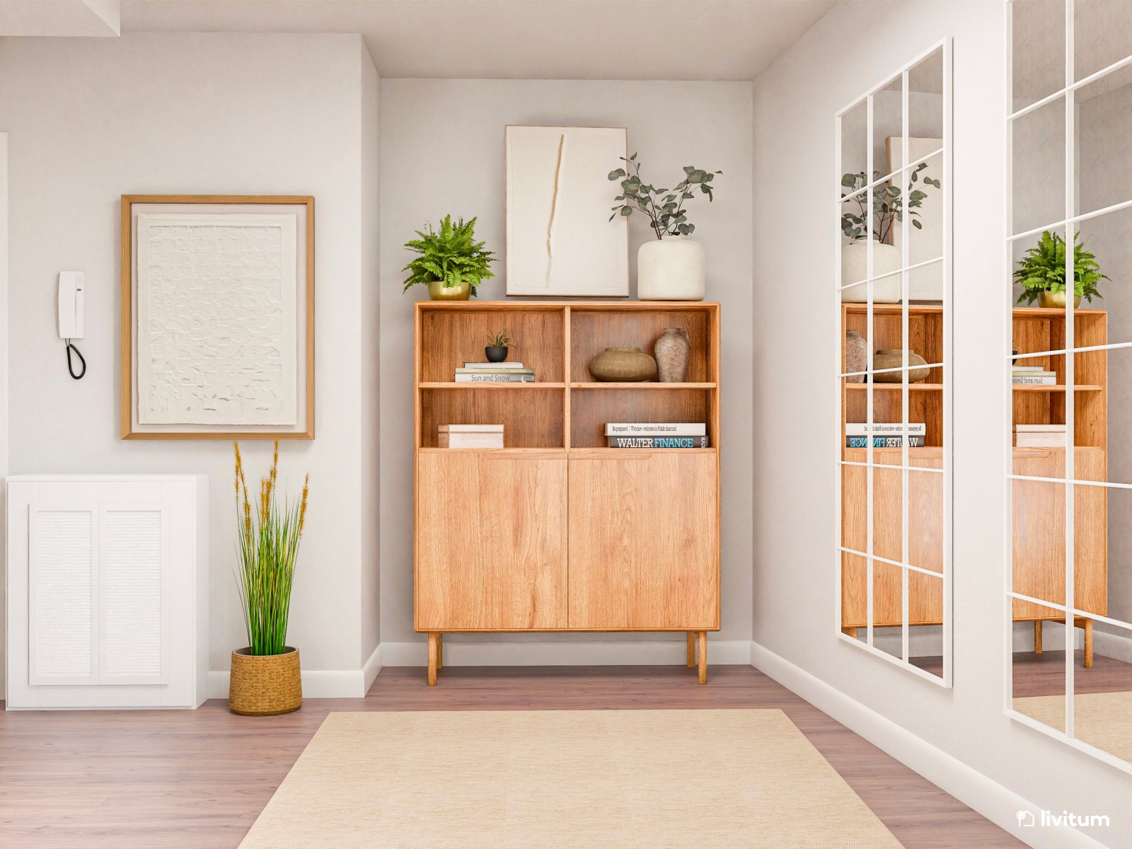 Salón comedor de estilo nórdico con planta irregular y rincón de lectura