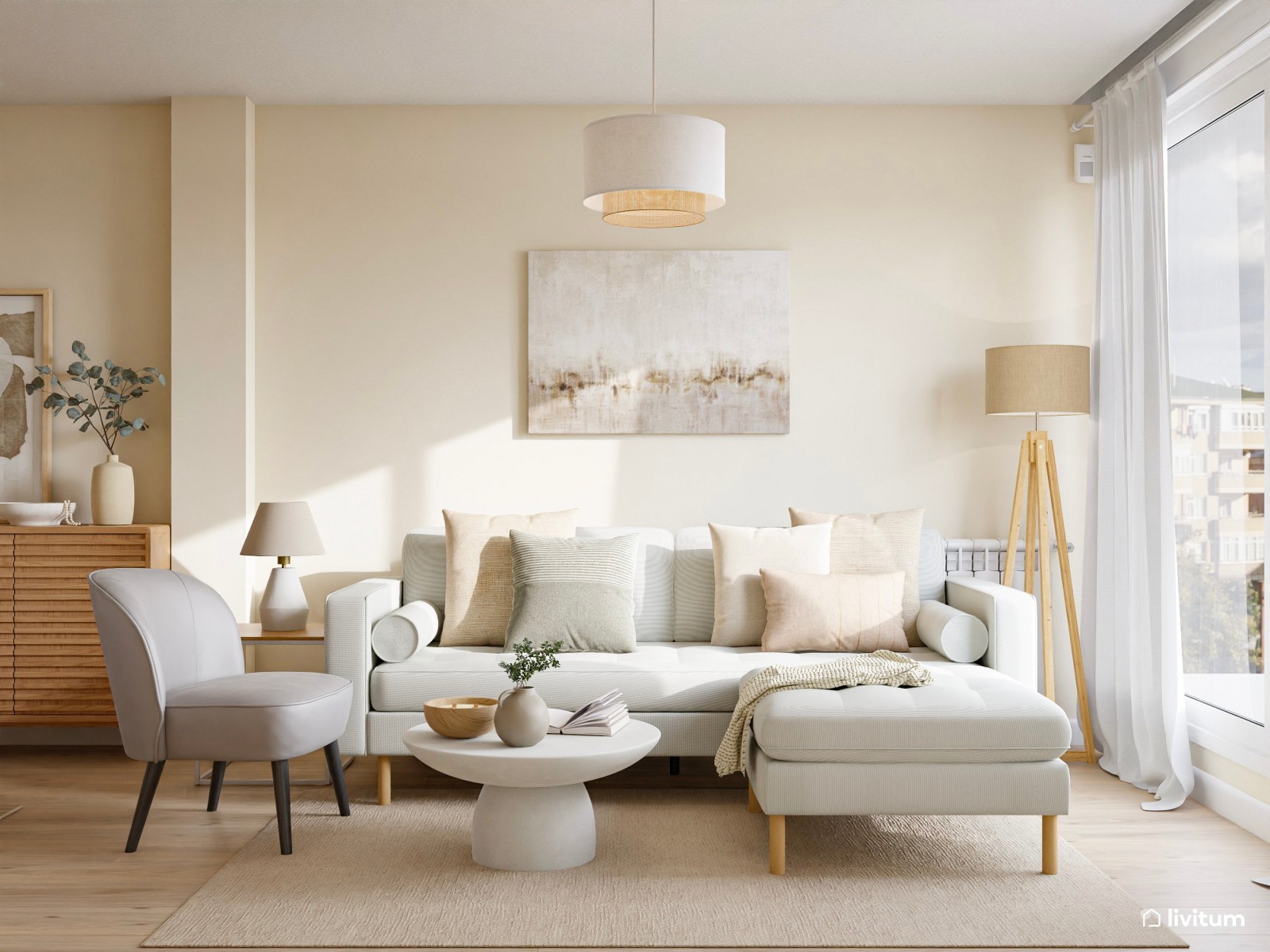 Salón comedor de estilo nórdico con sofá con chaise longue + butaca