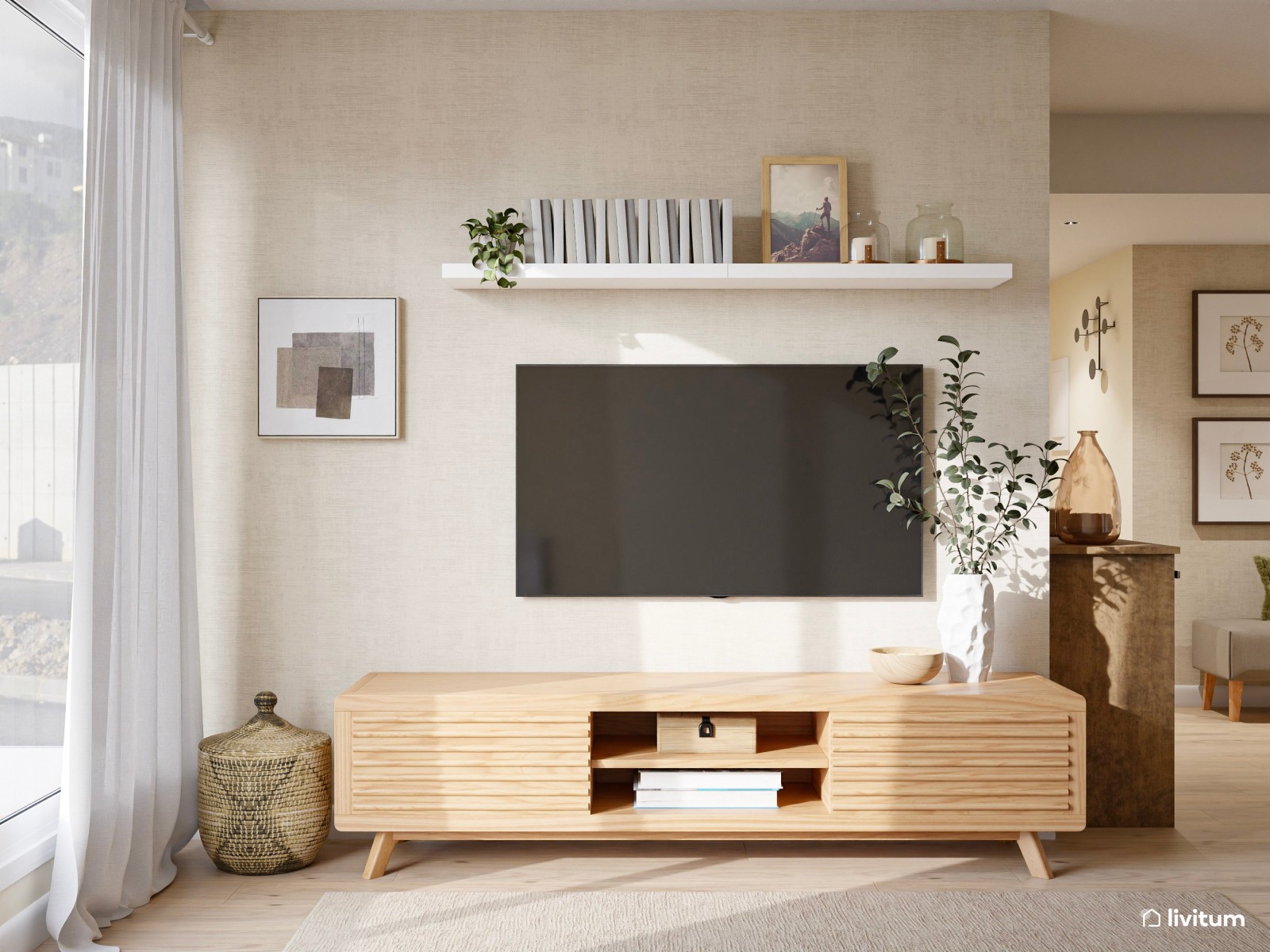 Salón comedor de estilo nórdico con sofá con chaise longue + butaca