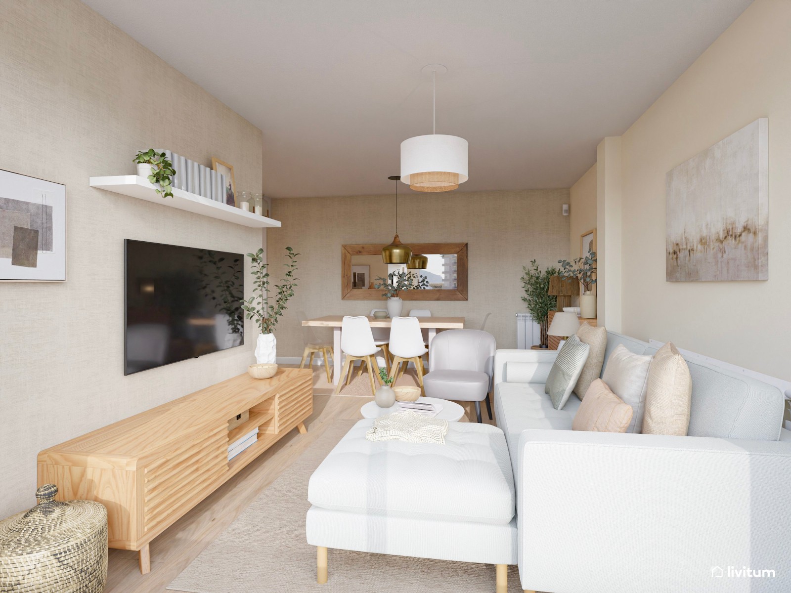 Salón comedor de estilo nórdico con sofá con chaise longue + butaca