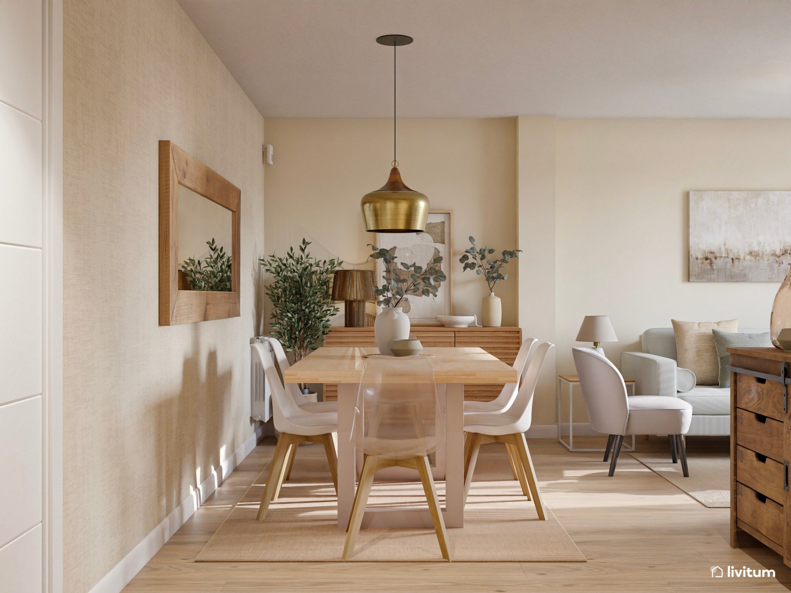 Salón comedor de estilo nórdico con sofá con chaise longue + butaca