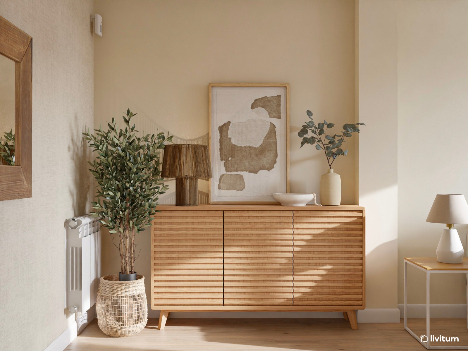 Salón comedor de estilo nórdico con sofá con chaise longue + butaca