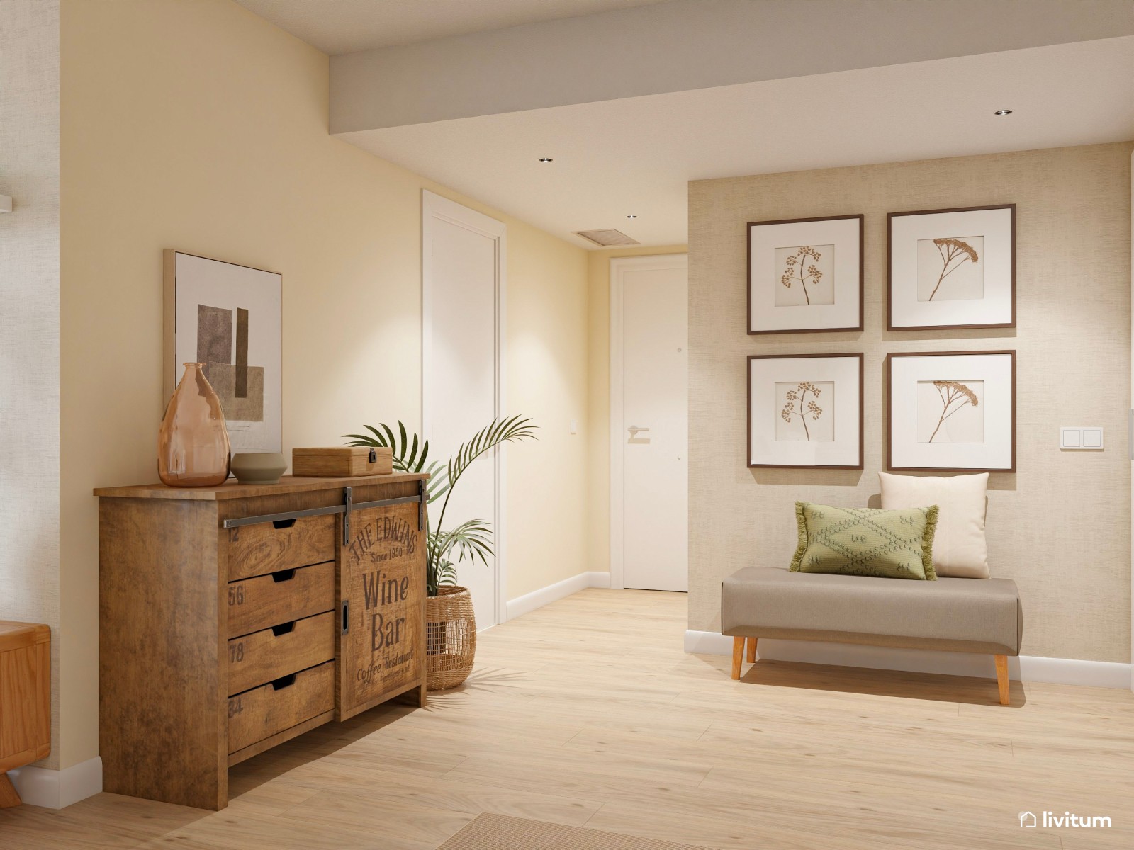 Salón comedor de estilo nórdico con sofá con chaise longue + butaca