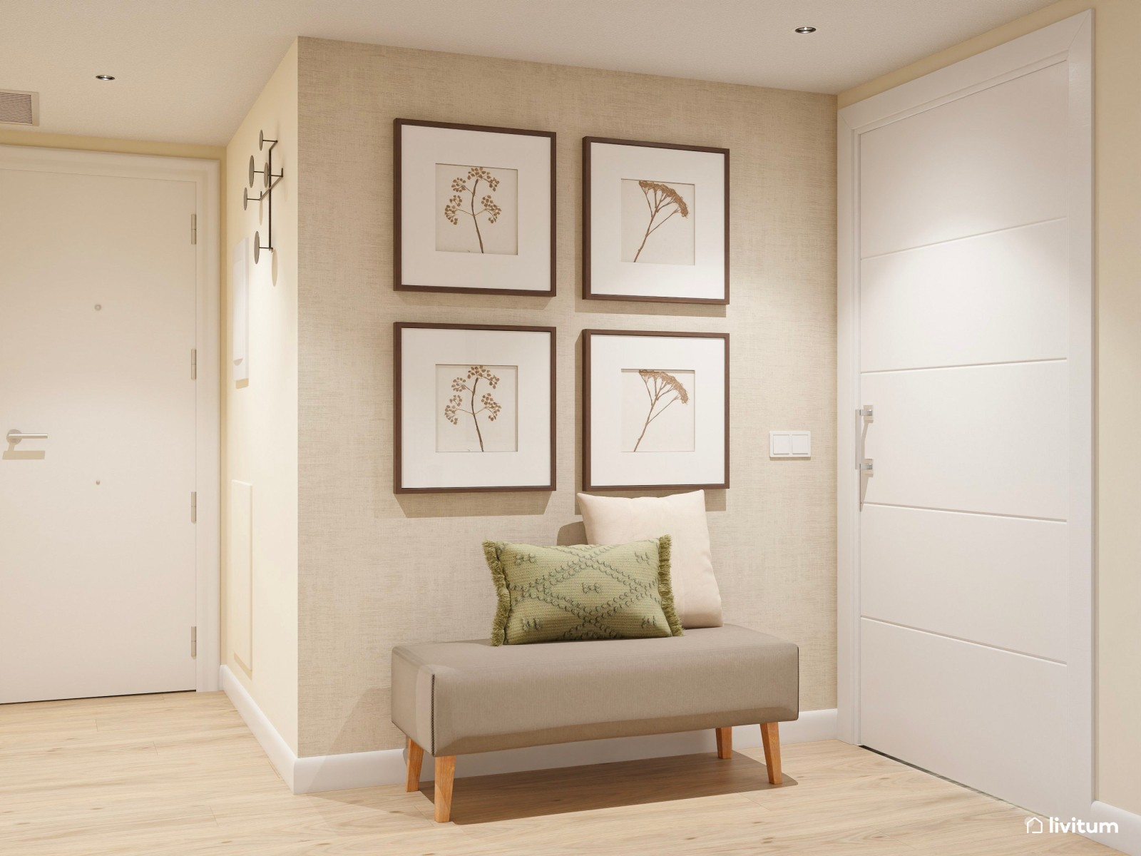 Salón comedor de estilo nórdico con sofá con chaise longue + butaca