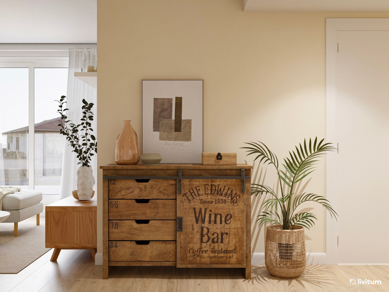 Salón comedor de estilo nórdico con sofá con chaise longue + butaca