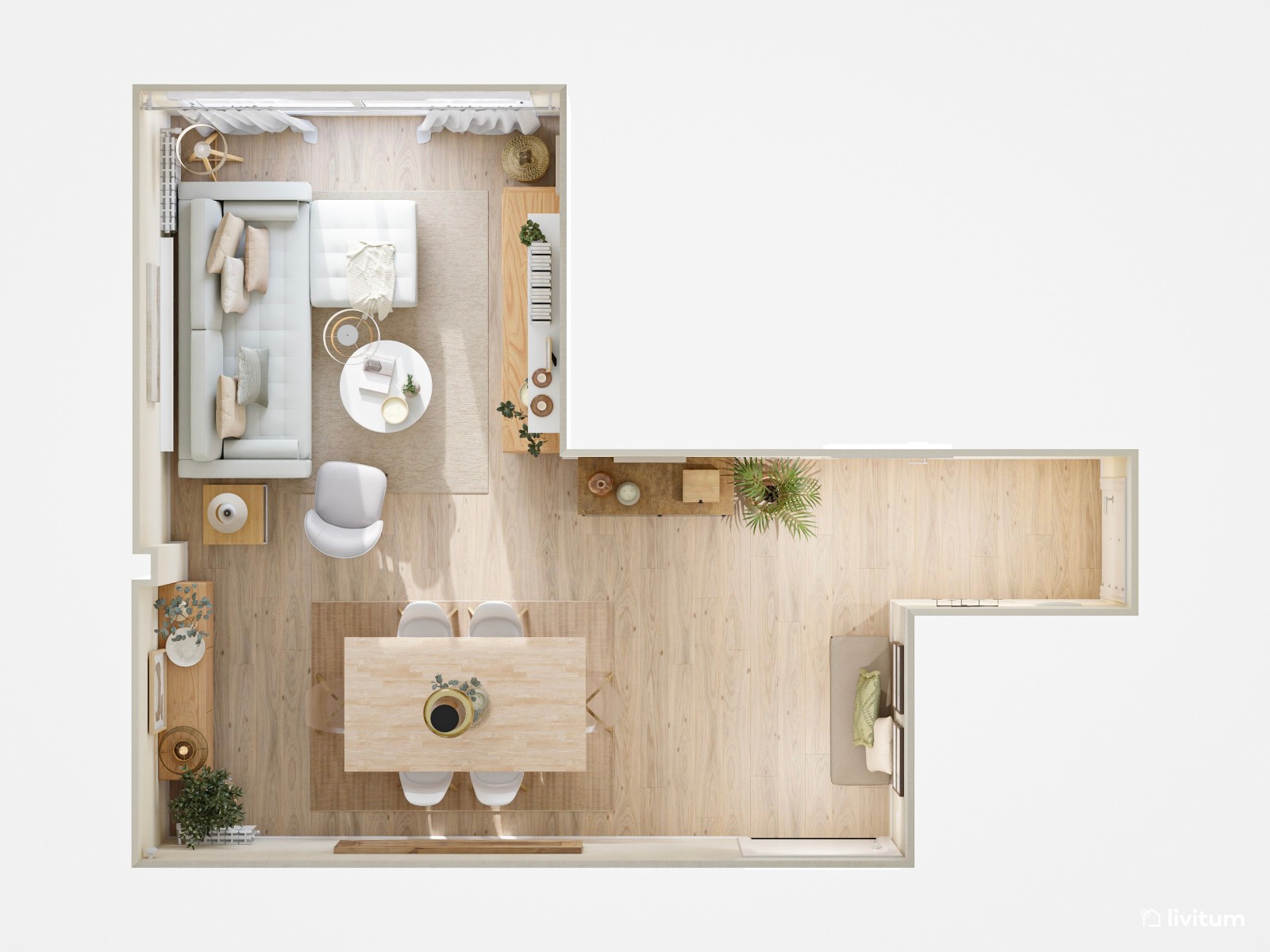 Salón comedor de estilo nórdico con sofá con chaise longue + butaca