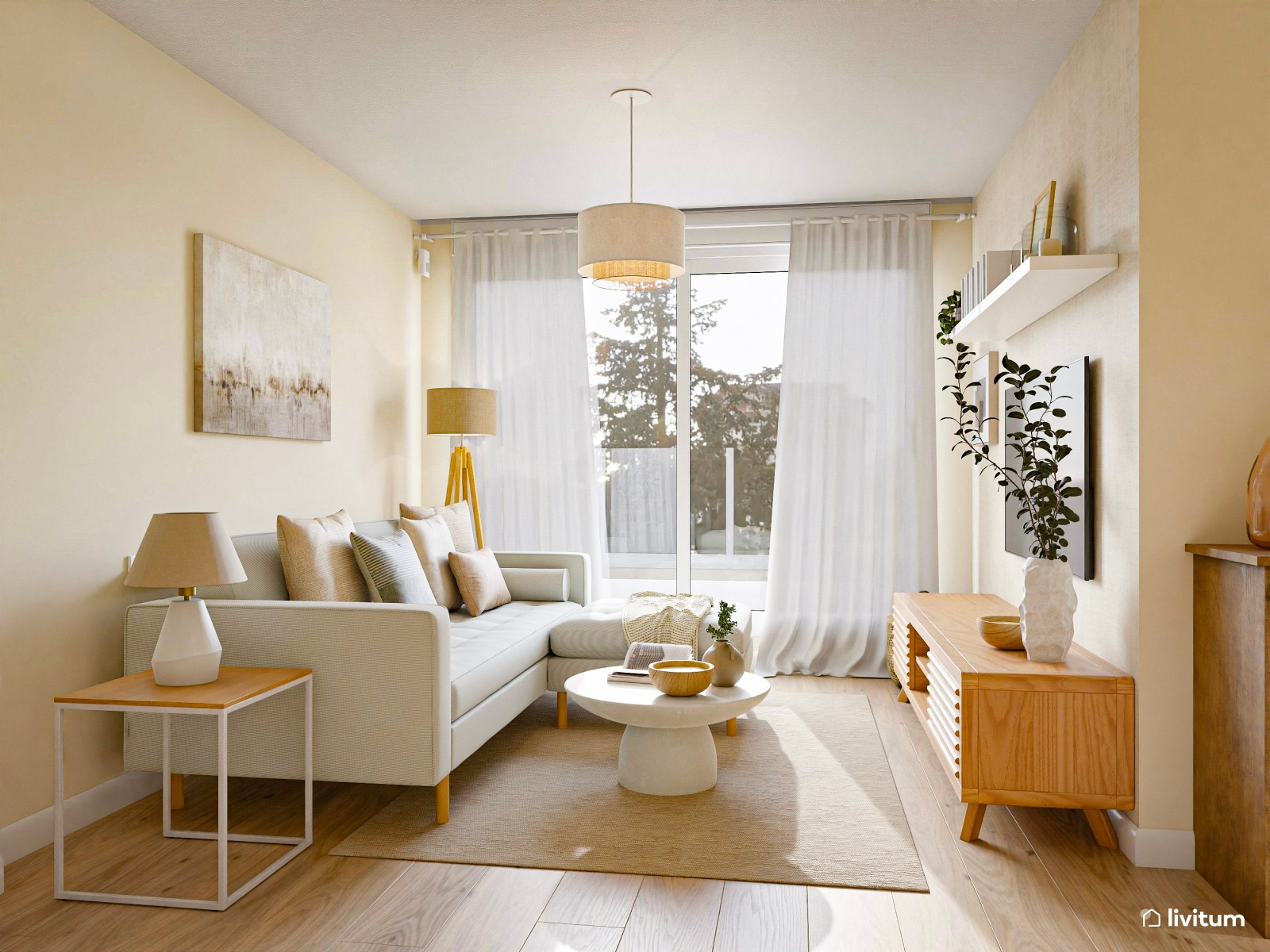 Salón comedor de estilo nórdico con sofá con chaise longue + butaca