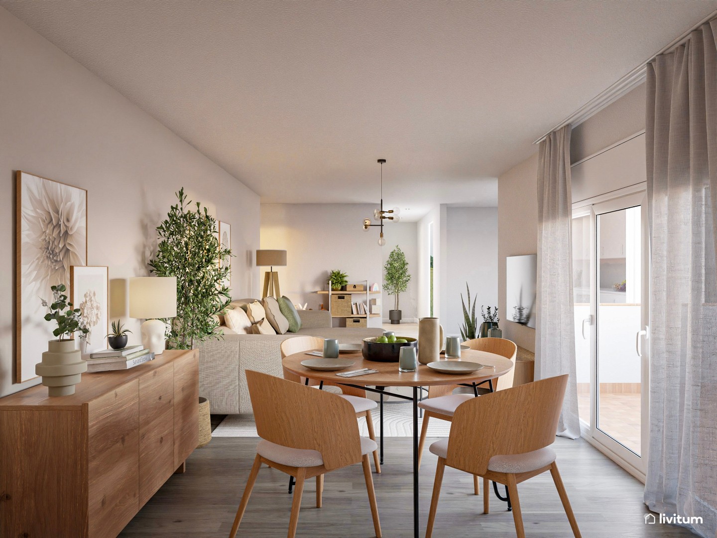 Salón comedor de estilo nórdico con suelo gris - Livitum.com