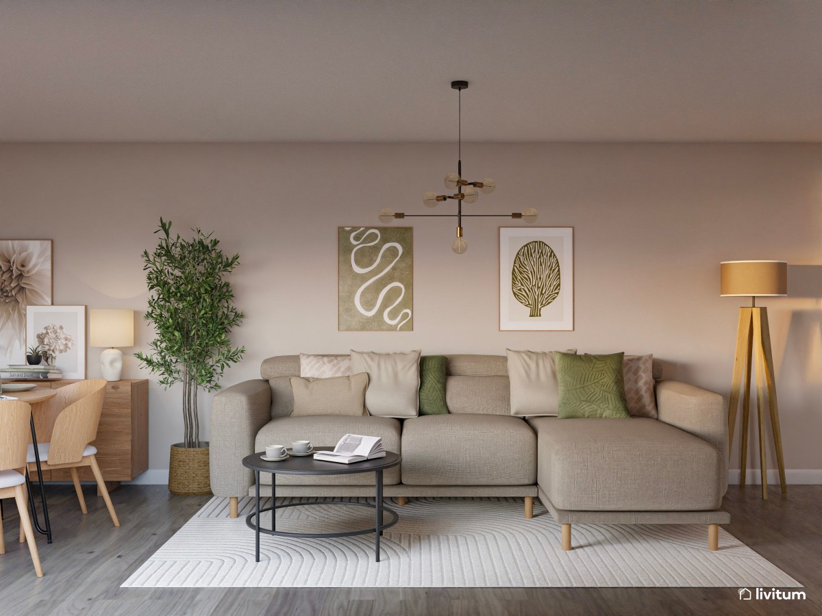 Salón comedor de estilo nórdico con suelo gris