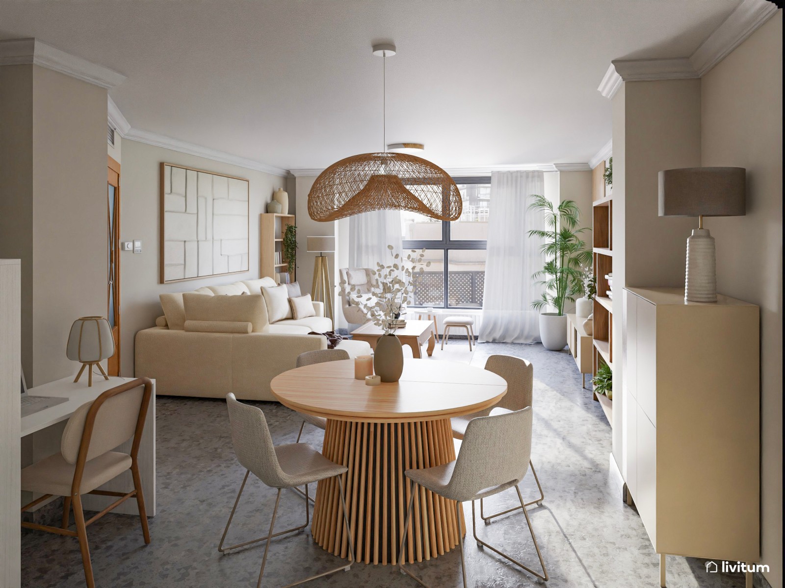 Salón comedor de estilo nórdico con suelo oscuro 