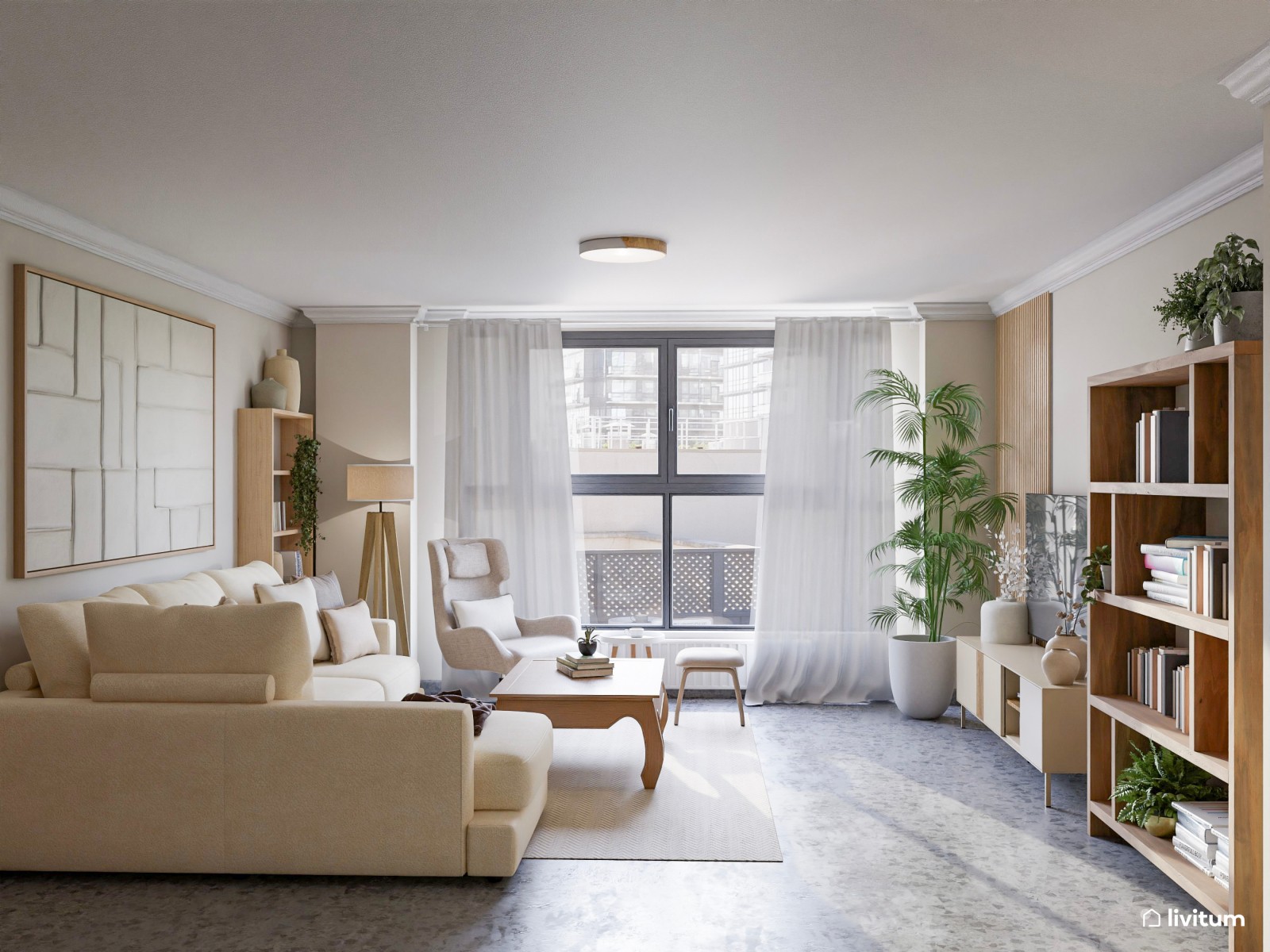 Salón comedor de estilo nórdico con suelo oscuro 