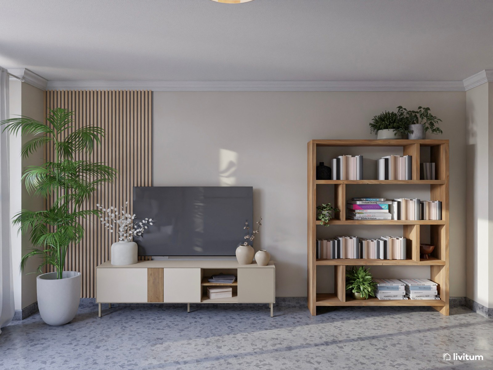 Salón comedor de estilo nórdico con suelo oscuro 