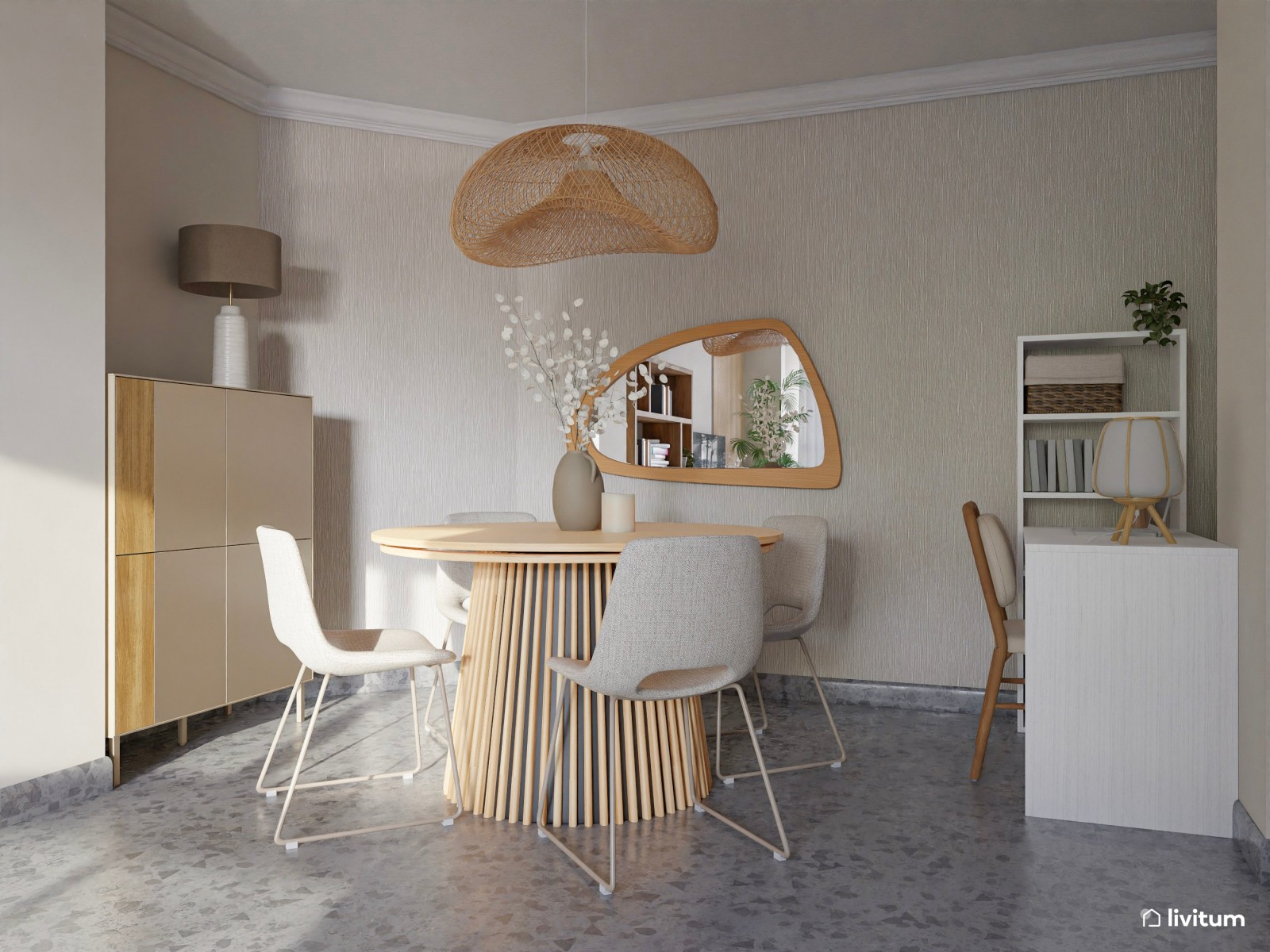Salón comedor de estilo nórdico con suelo oscuro 