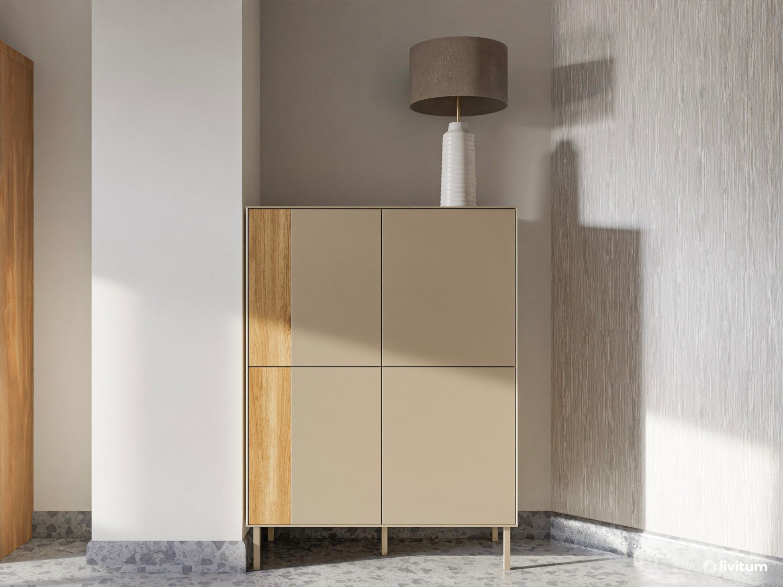 Salón comedor de estilo nórdico con suelo oscuro 