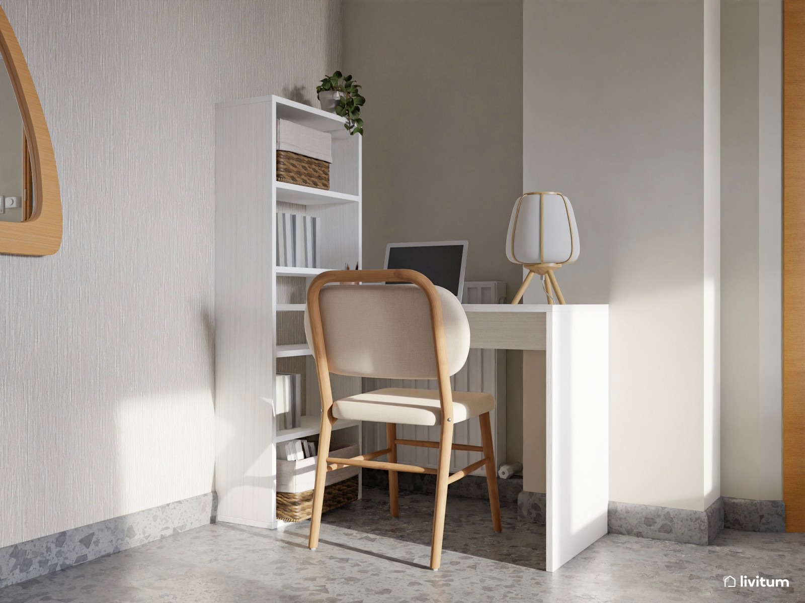 Salón comedor de estilo nórdico con suelo oscuro 