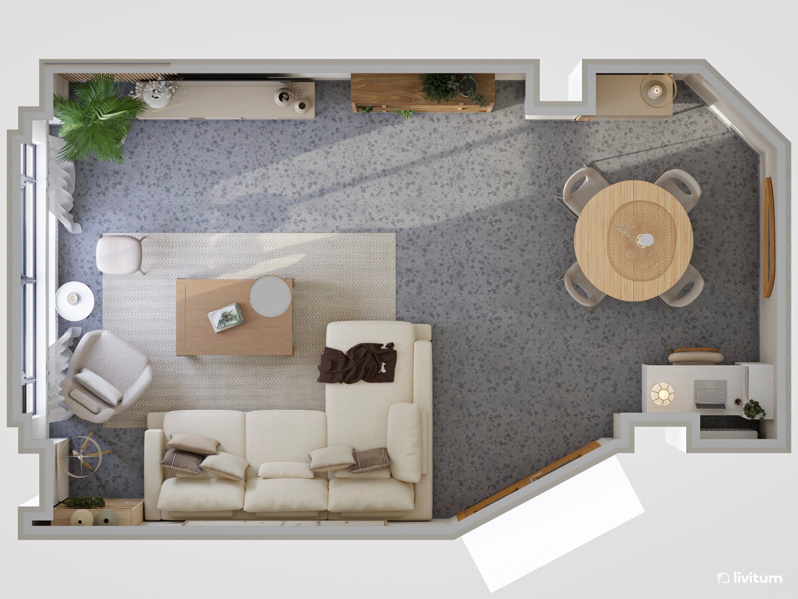 Salón comedor de estilo nórdico con suelo oscuro 