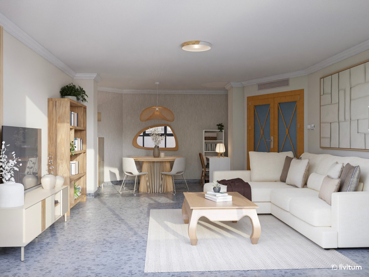 Salón comedor de estilo nórdico con suelo oscuro