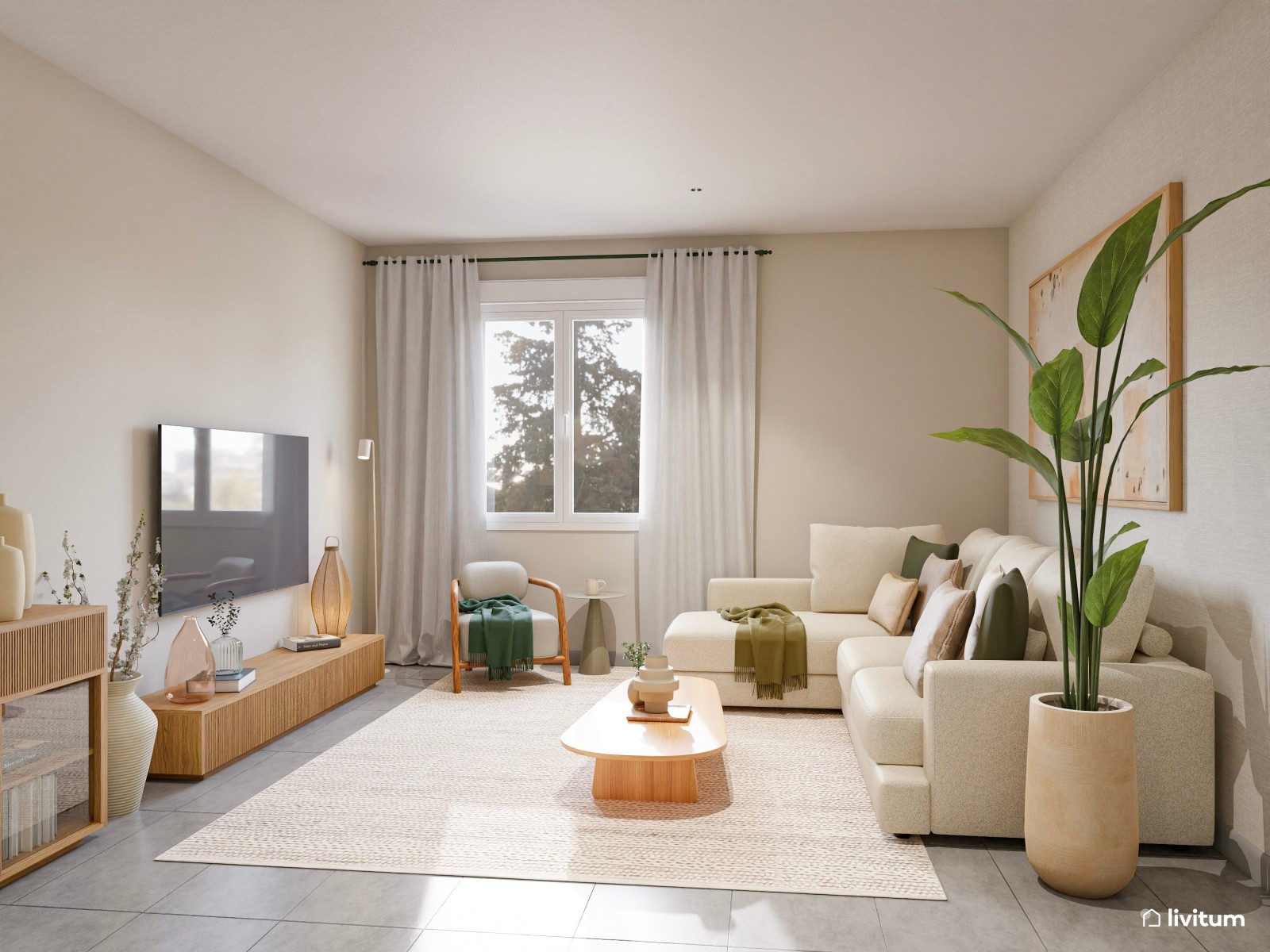 Salón comedor de estilo nórdico con sutiles acentos en verde