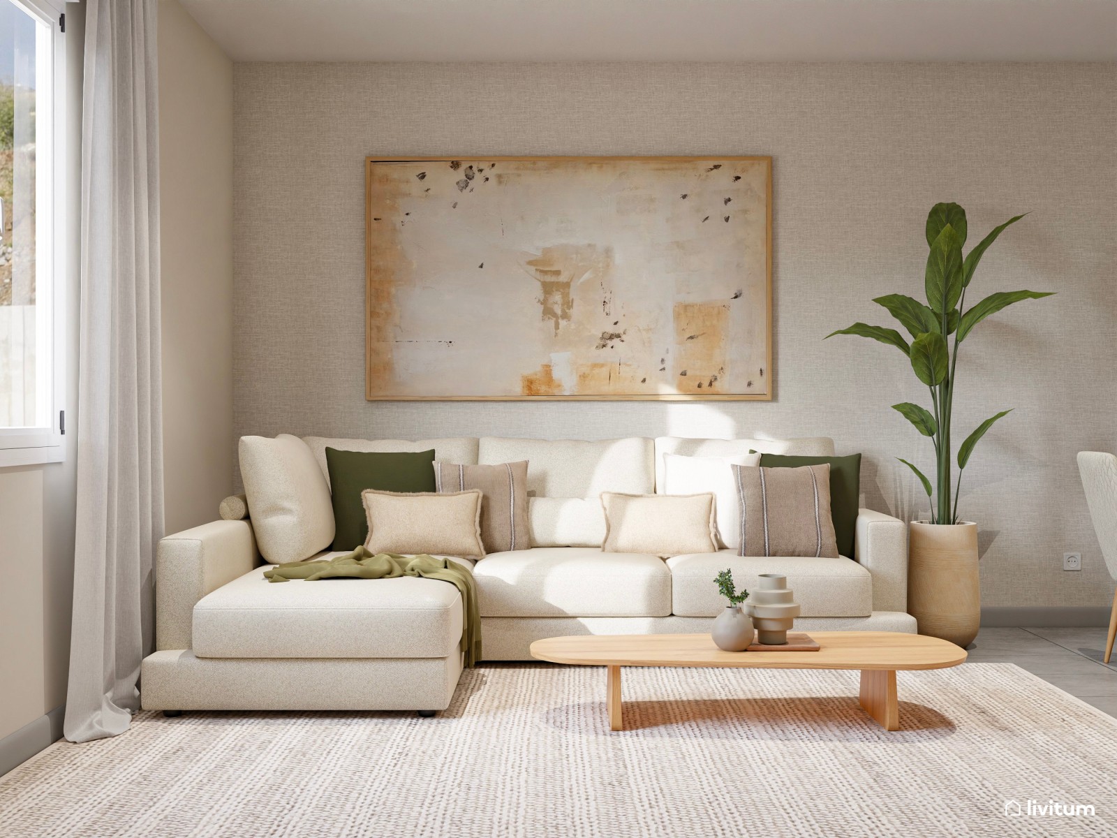 Salón comedor de estilo nórdico con sutiles acentos en verde