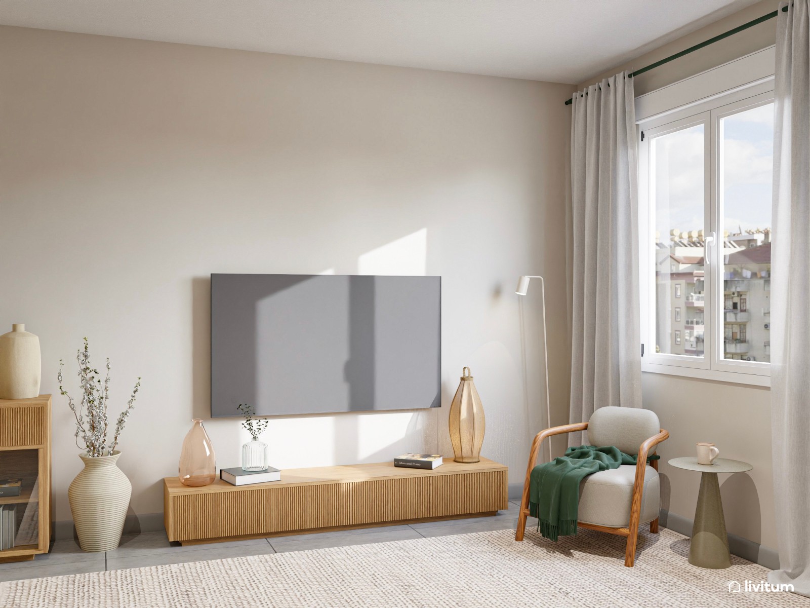 Salón comedor de estilo nórdico con sutiles acentos en verde