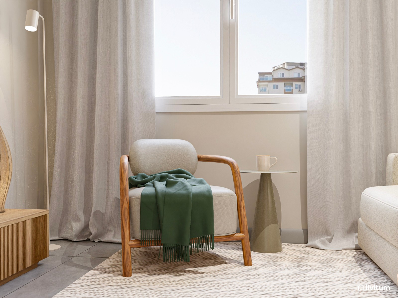 Salón comedor de estilo nórdico con sutiles acentos en verde