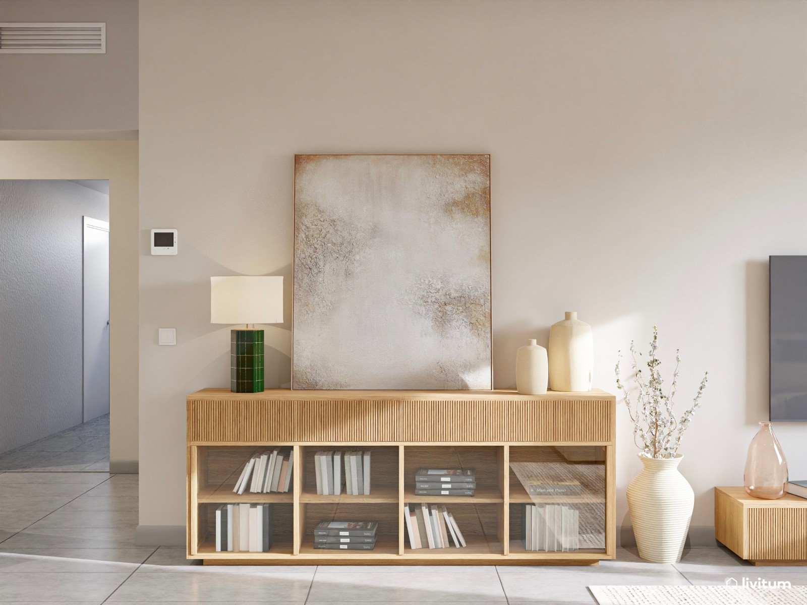 Salón comedor de estilo nórdico con sutiles acentos en verde