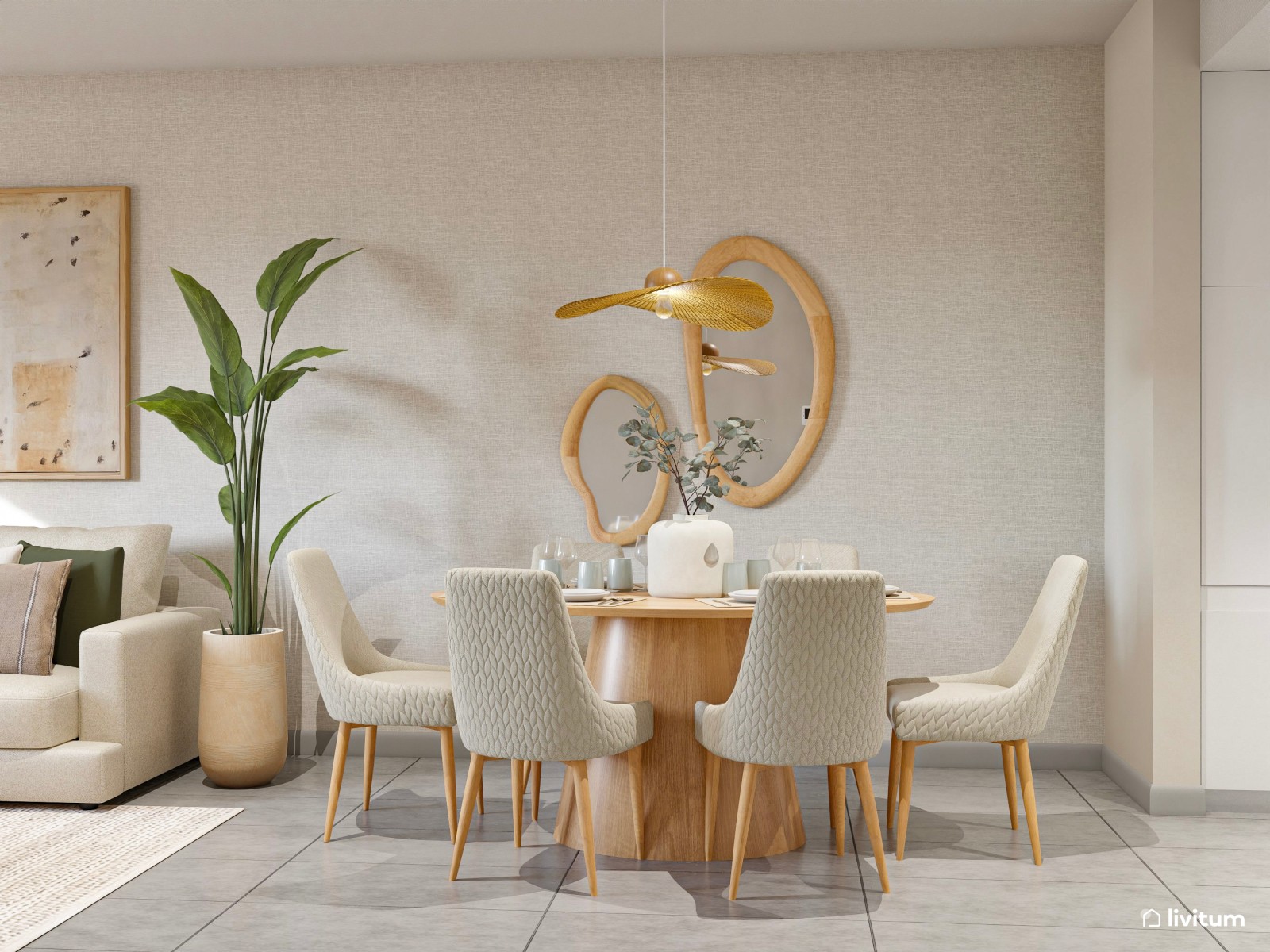 Salón comedor de estilo nórdico con sutiles acentos en verde
