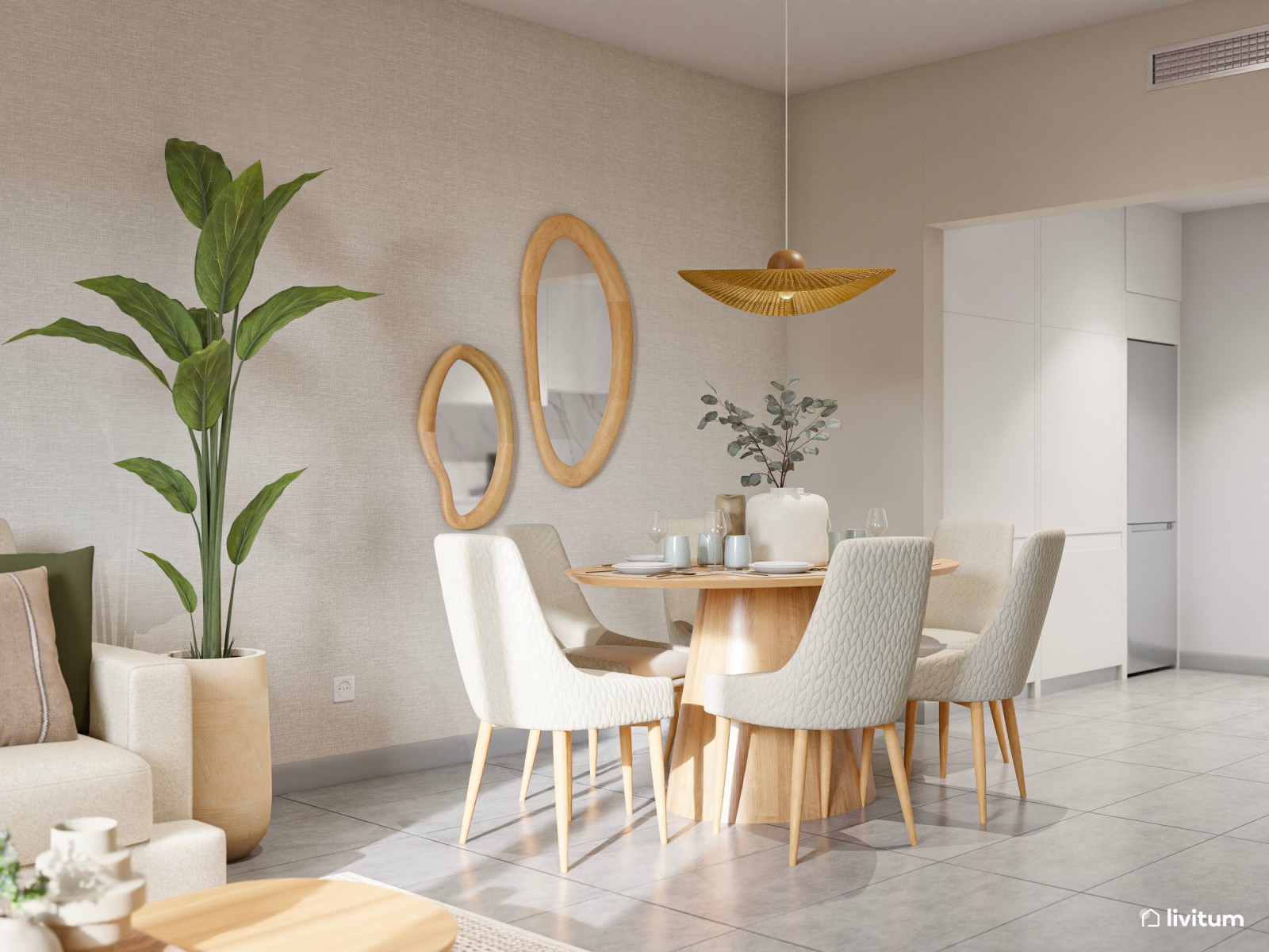 Salón comedor de estilo nórdico con sutiles acentos en verde