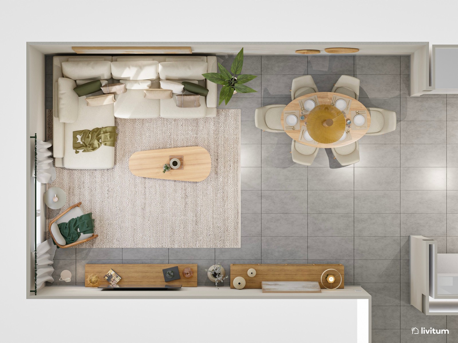 Salón comedor de estilo nórdico con sutiles acentos en verde