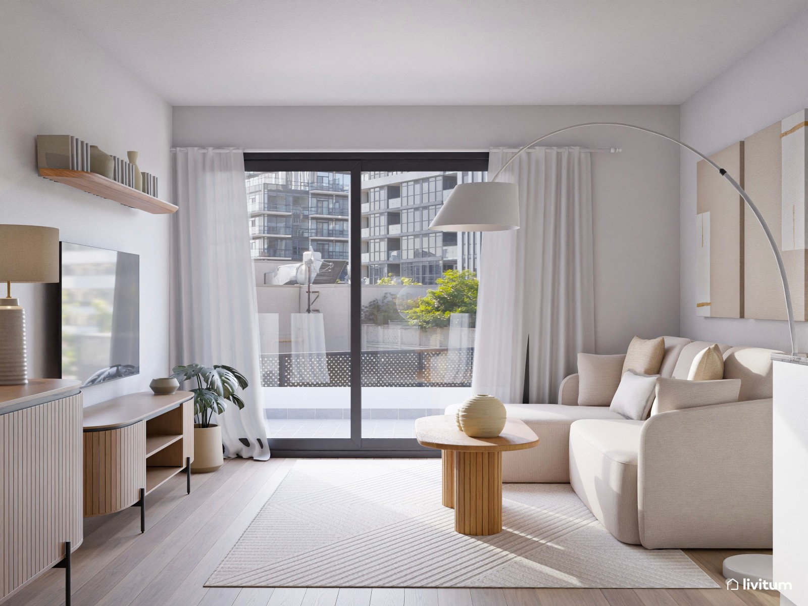 Salón comedor de estilo nórdico de 25 m² con cocina abierta
