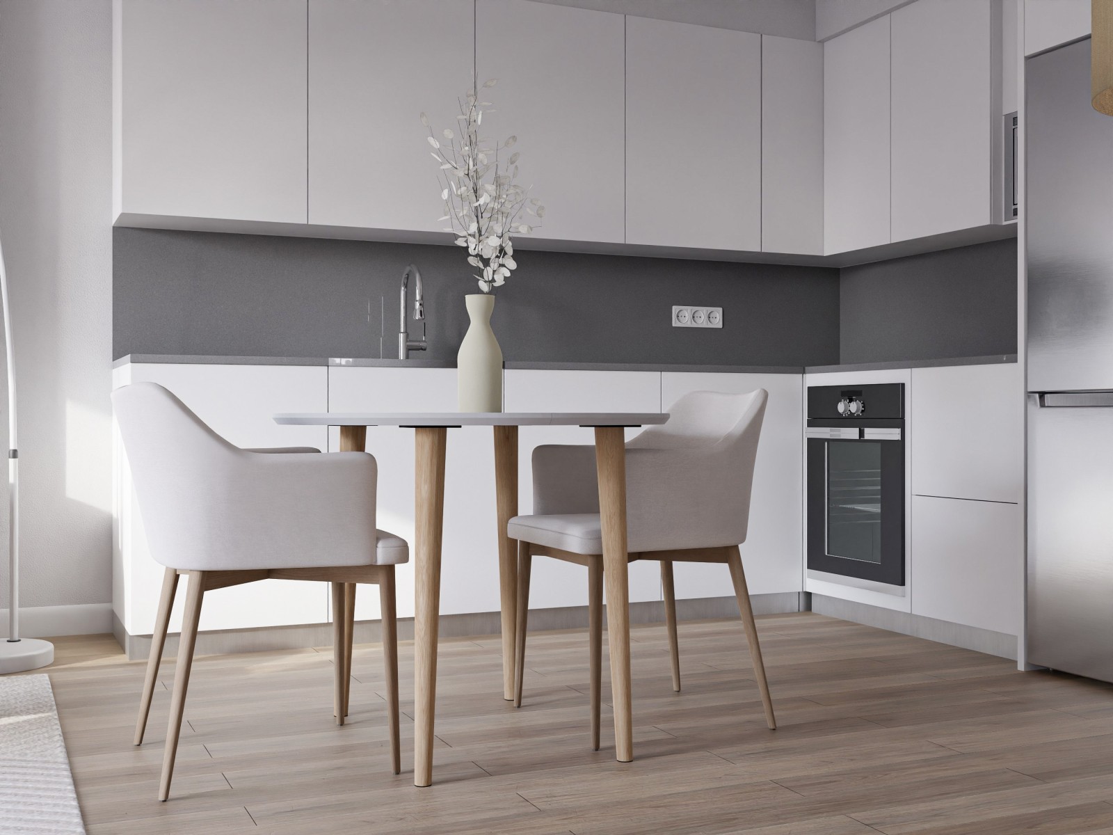Salón comedor de estilo nórdico de 25 m² con cocina abierta