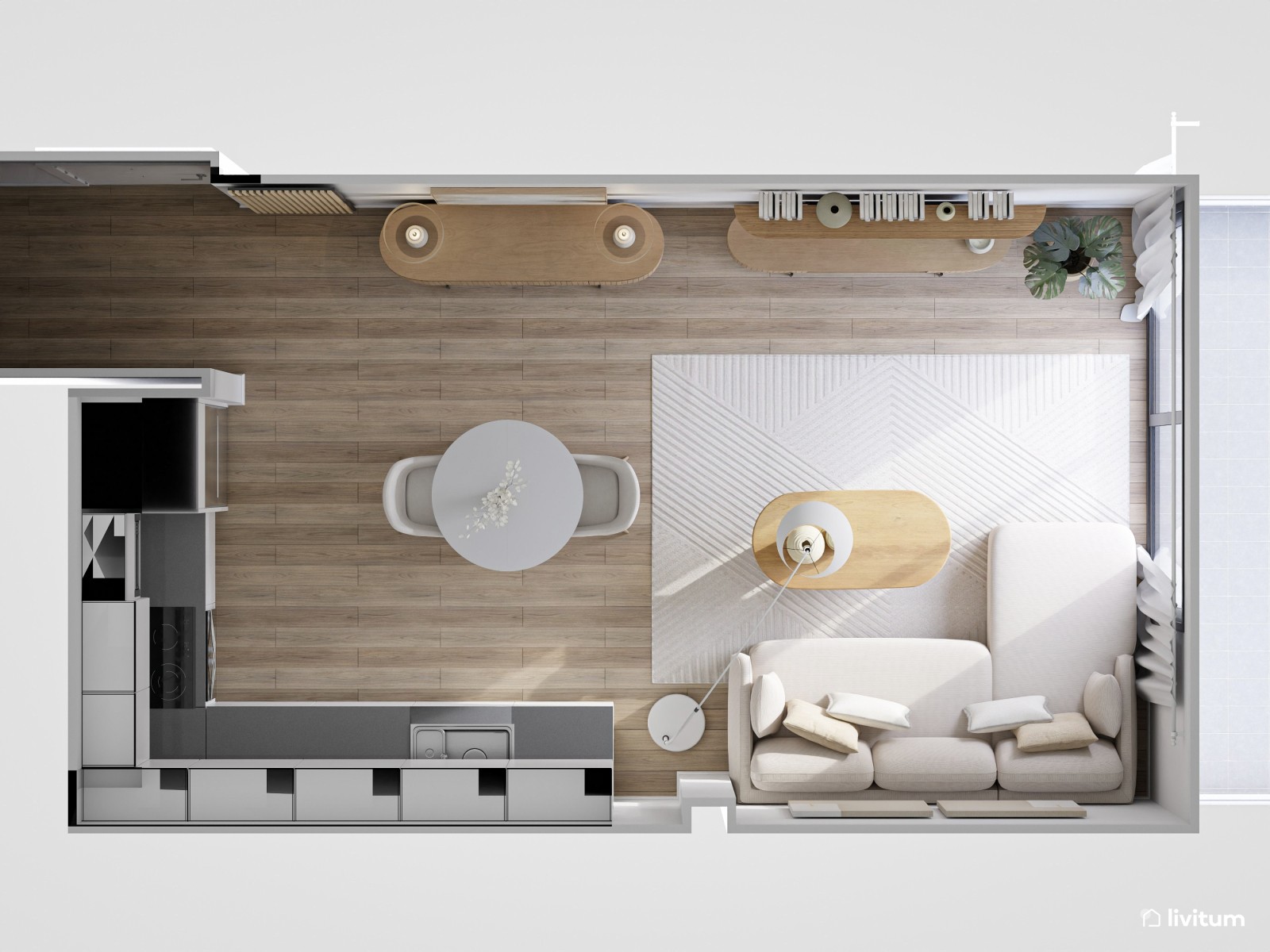 Salón comedor de estilo nórdico de 25 m² con cocina abierta