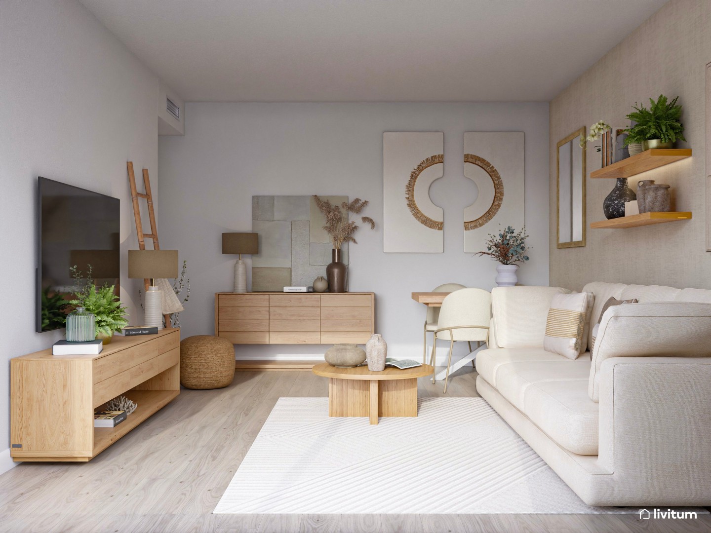 Salón comedor de estilo nórdico en tono beige y con mucha madera ...