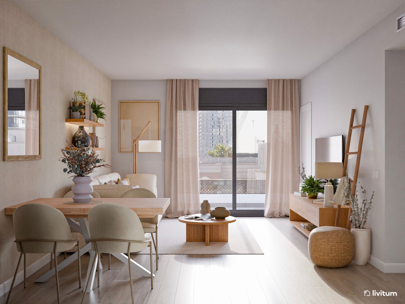 Salón comedor de estilo nórdico en tono beige y con mucha madera