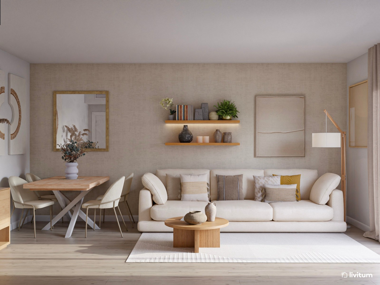 Salón comedor de estilo nórdico en tono beige y con mucha madera