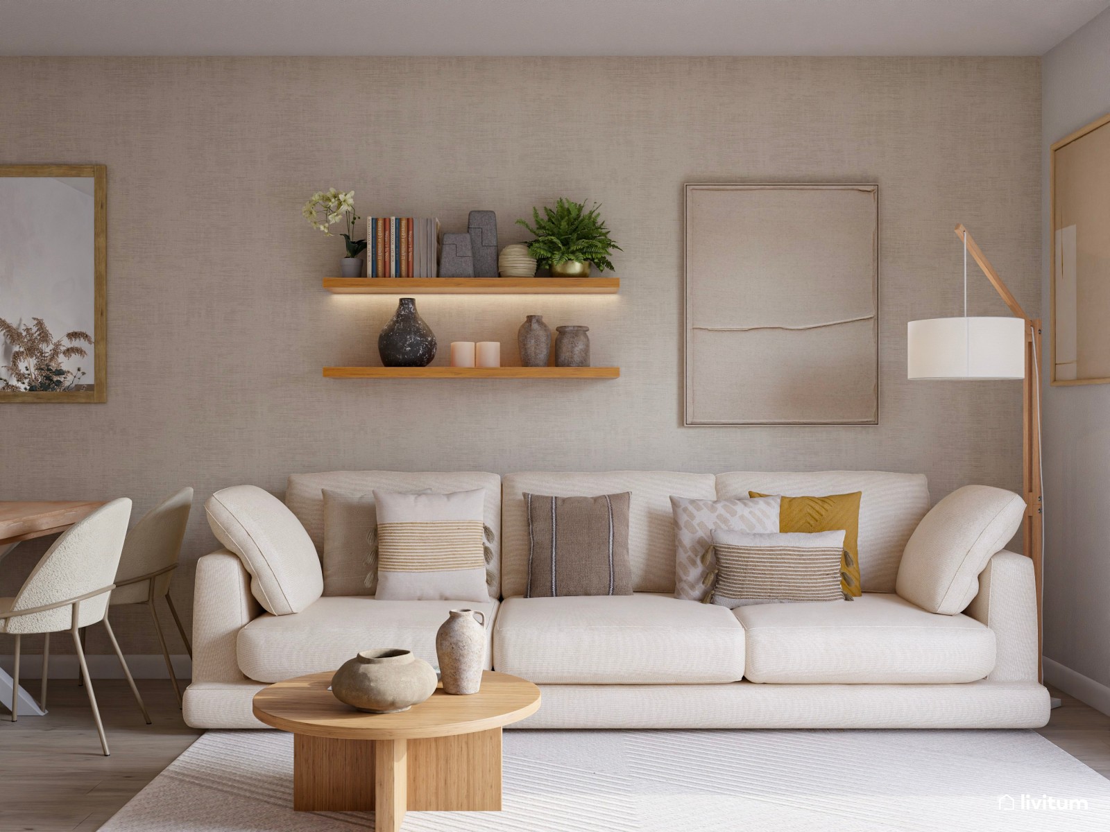 Salón comedor de estilo nórdico en tono beige y con mucha madera