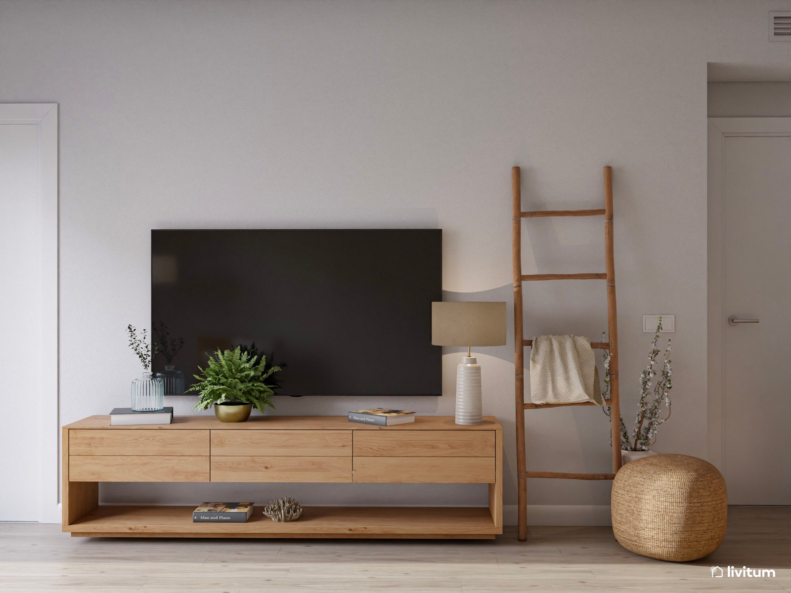 Salón comedor de estilo nórdico en tono beige y con mucha madera
