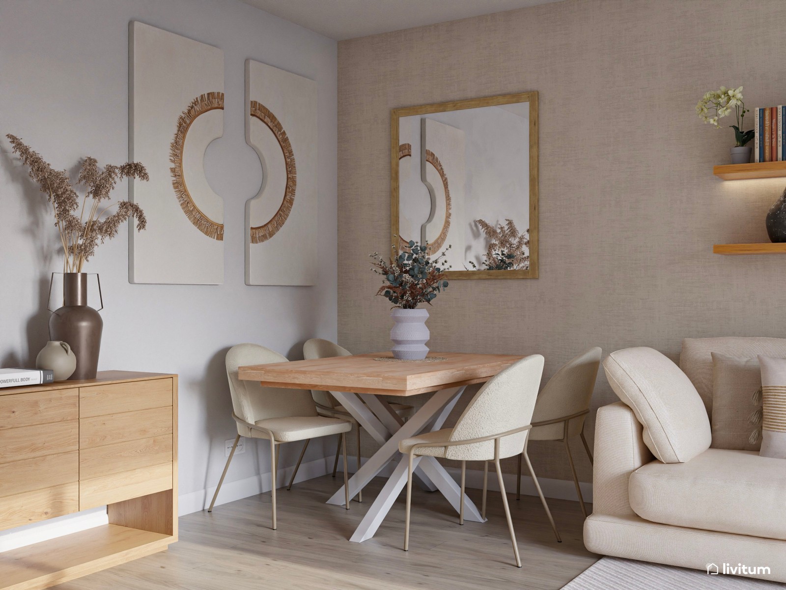 Salón comedor de estilo nórdico en tono beige y con mucha madera