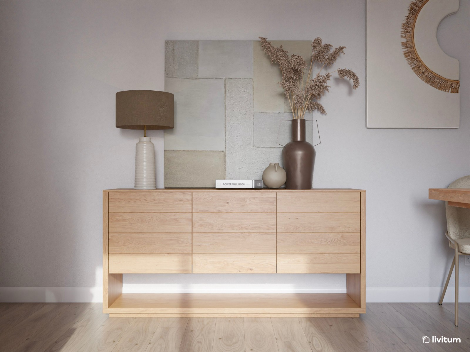 Salón comedor de estilo nórdico en tono beige y con mucha madera