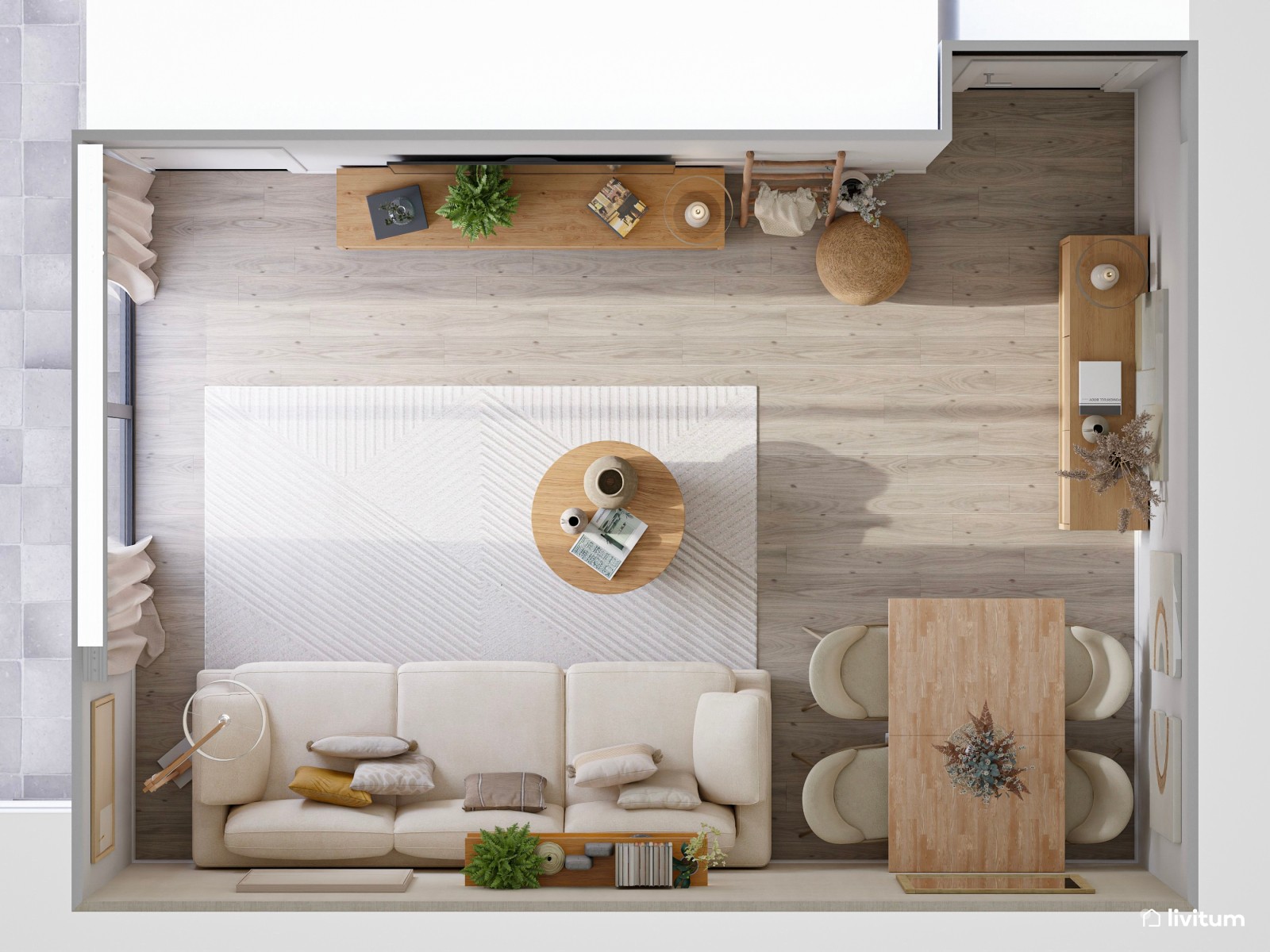 Salón comedor de estilo nórdico en tono beige y con mucha madera