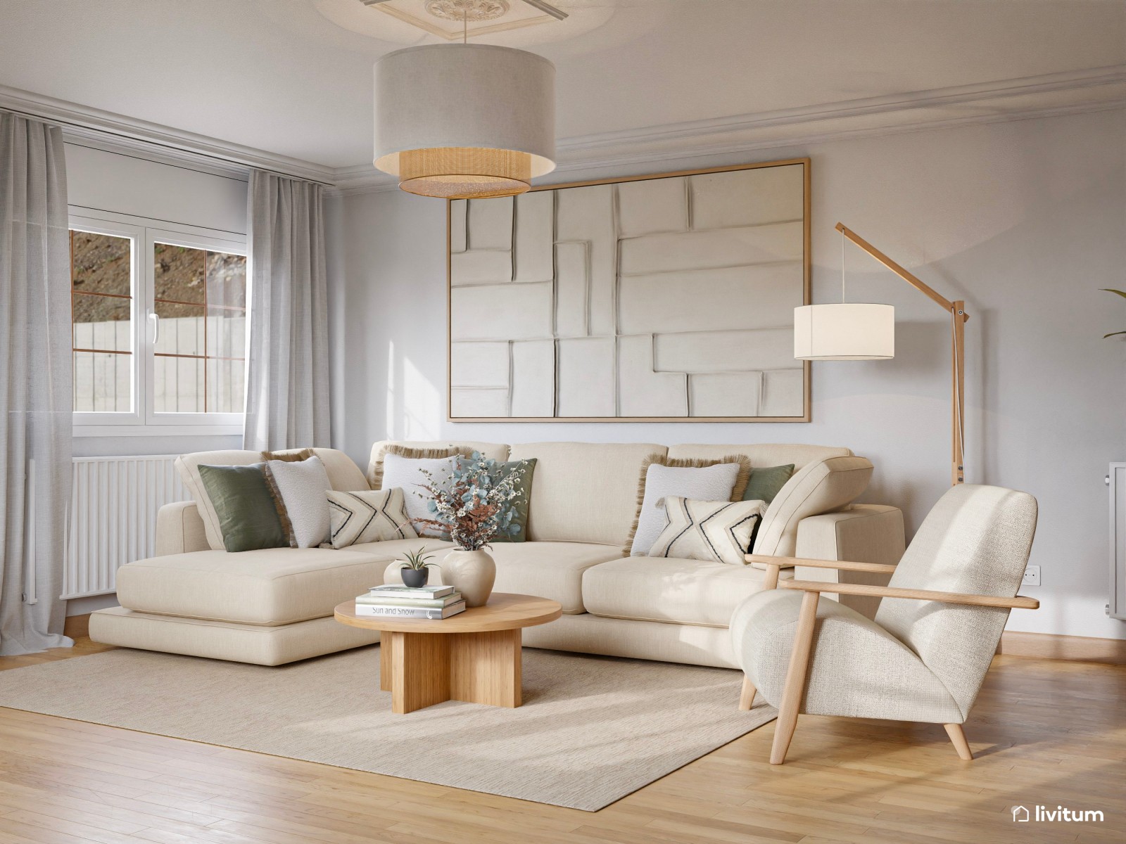 Salón comedor de estilo nórdico, en tonos claros con chimenea