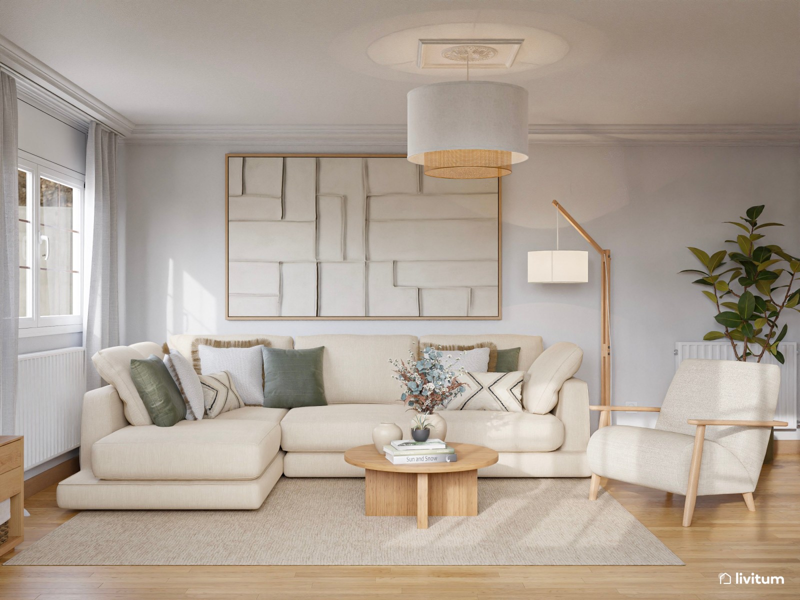 Salón comedor de estilo nórdico, en tonos claros con chimenea