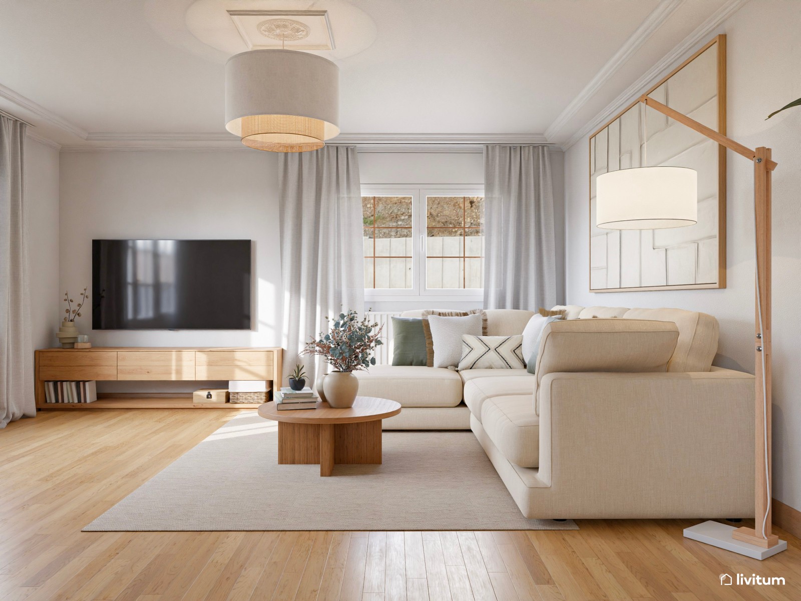 Salón comedor de estilo nórdico, en tonos claros con chimenea