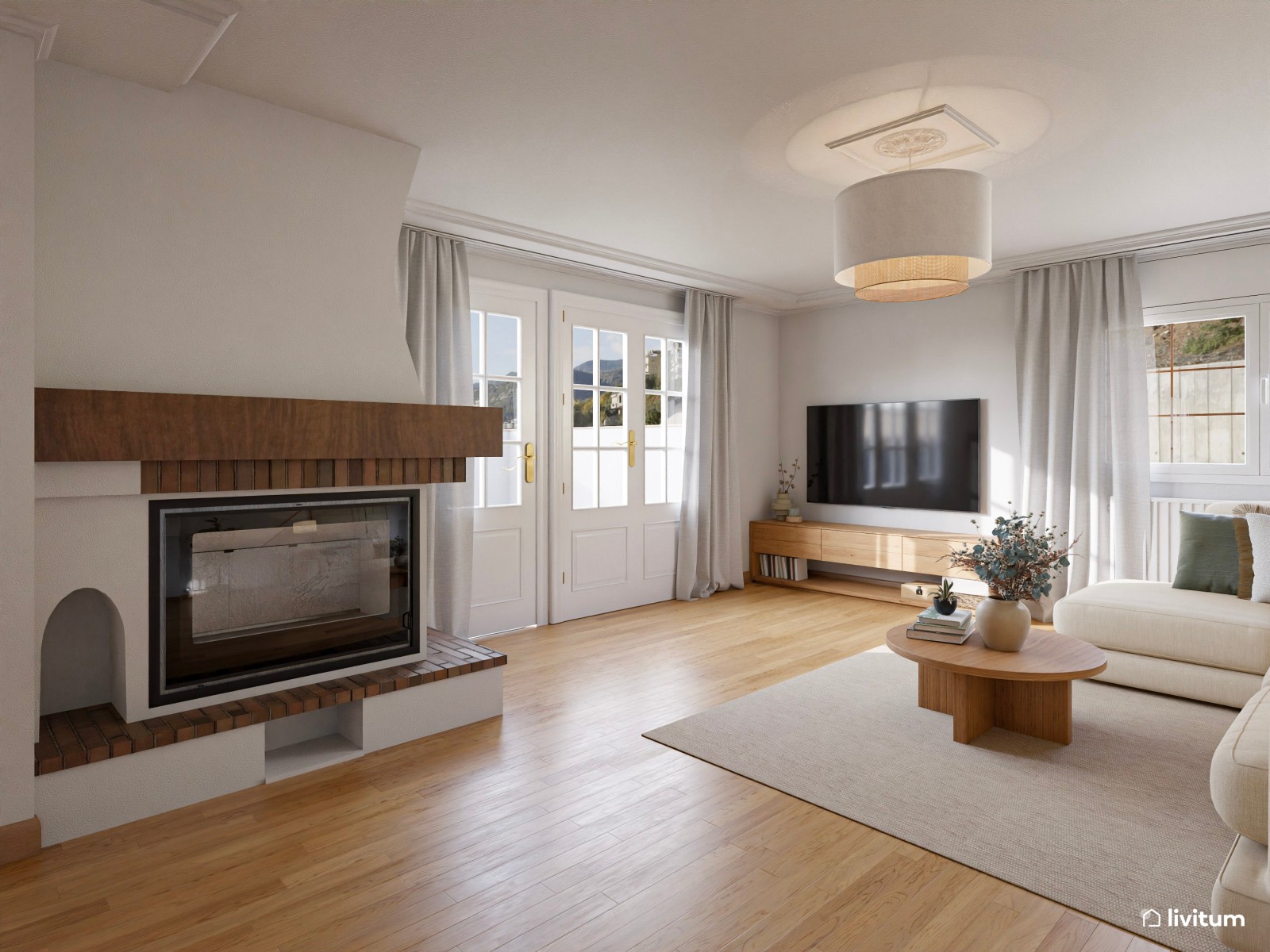 Salón comedor de estilo nórdico, en tonos claros con chimenea