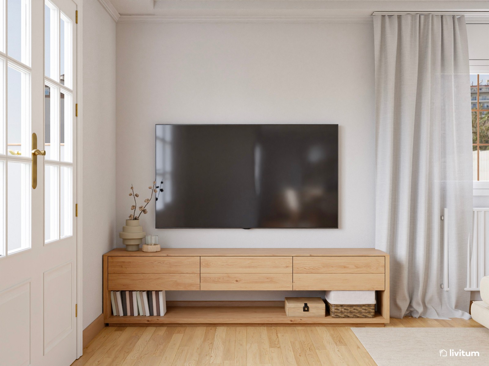 Salón comedor de estilo nórdico, en tonos claros con chimenea